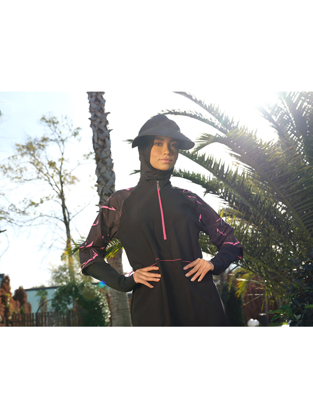 Siyah Kadın Fermuarlı Kapalı Dik Yaka Lastikli Hızlı Kuruyan Genç Tesettür Mayo-2