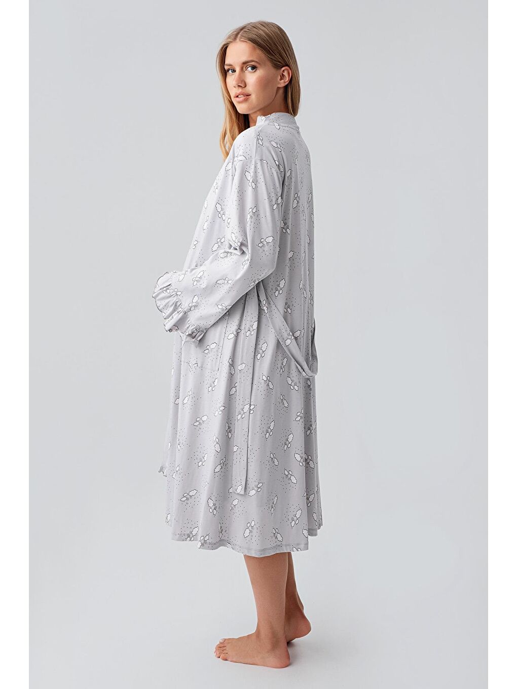 Gri Uzun Kollu Desenli Esnek Pamuklu Hamile Sabahlık Gecelik Takım 18400-2