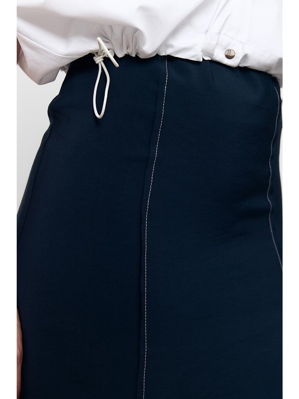 Lacivert Dikiş Detaylı Midi Etek-2