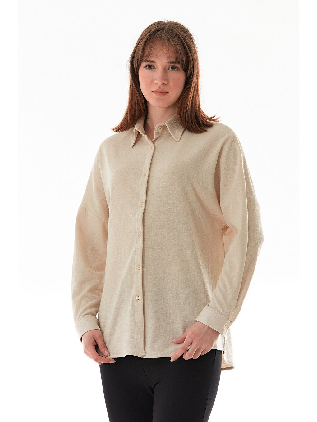 Bej Basic Jakarlı Oversize Gömlek-1