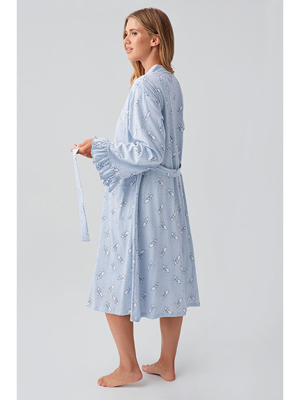 Mavi Uzun Kollu Desenli Esnek Pamuklu Hamile Sabahlık Gecelik Takım 18400-2
