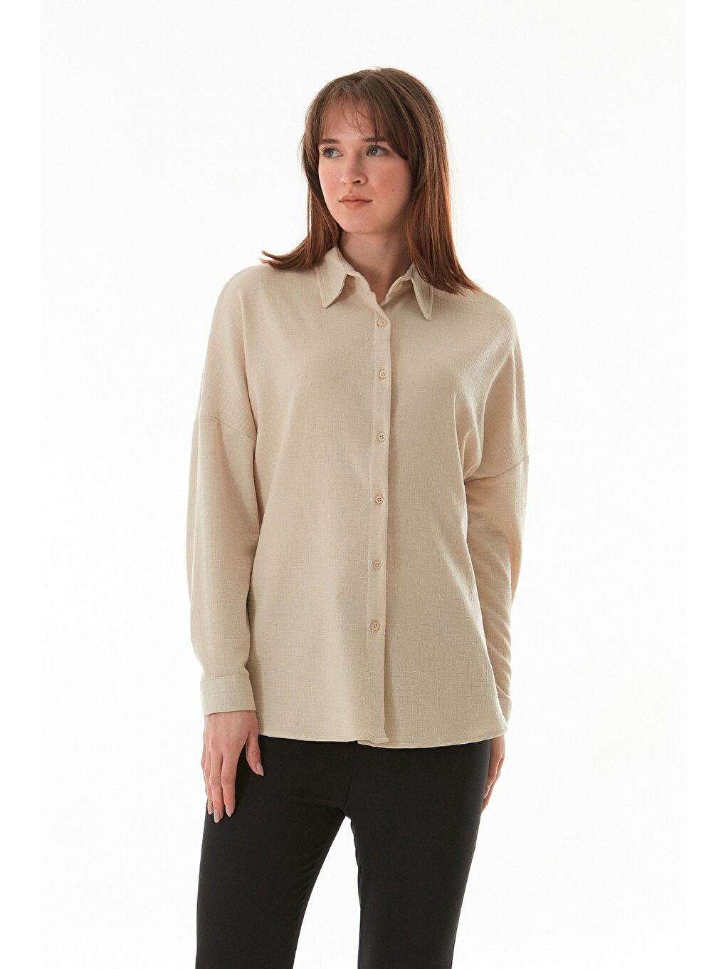 Bej Basic Jakarlı Oversize Gömlek-2