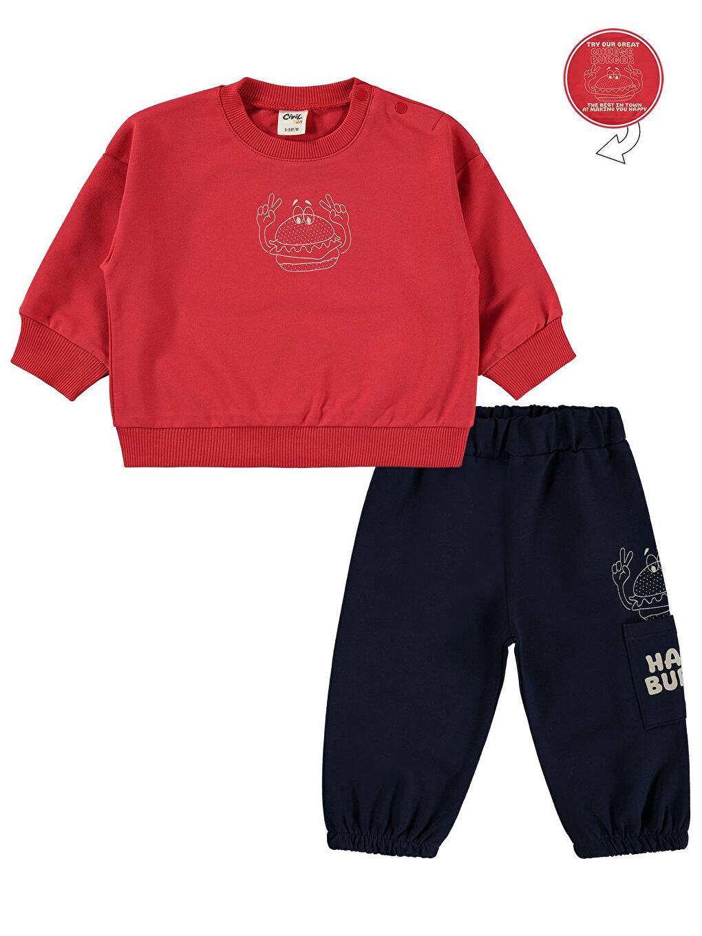 Baby Happy Burger Baskılı 6-18 Ay Takım - Kırmızı 9-12 Ay