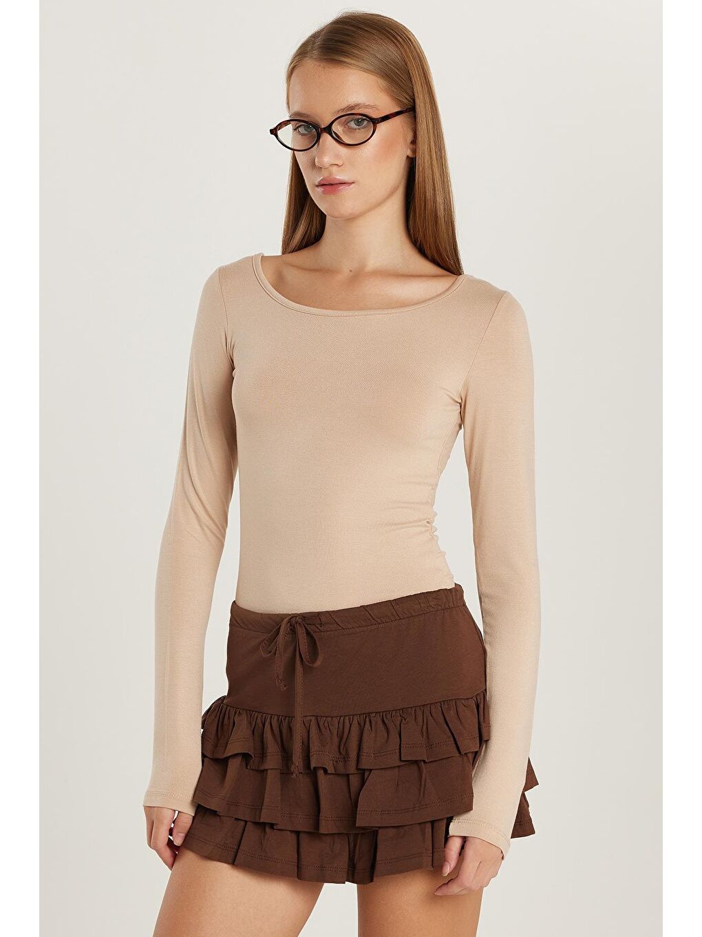 Kadın Slim Fit Dar Kesim Uzun Kollu Viskon Bej Bluz-3