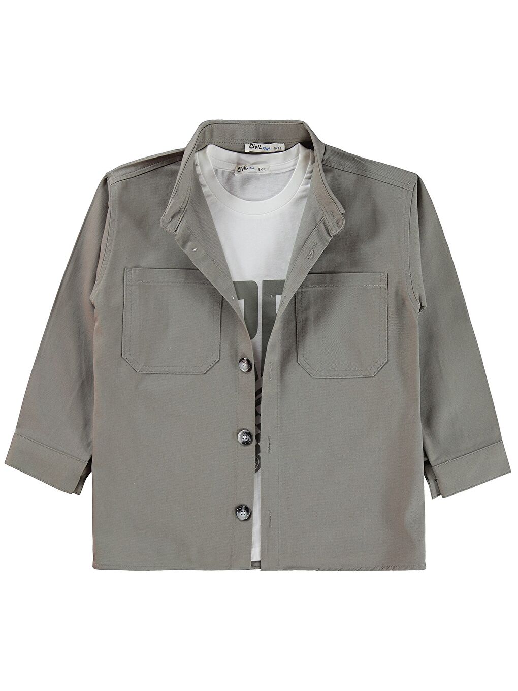 Boys Çift Cepli Tişörtlü 10-13 Yaş Gömlek - Gri