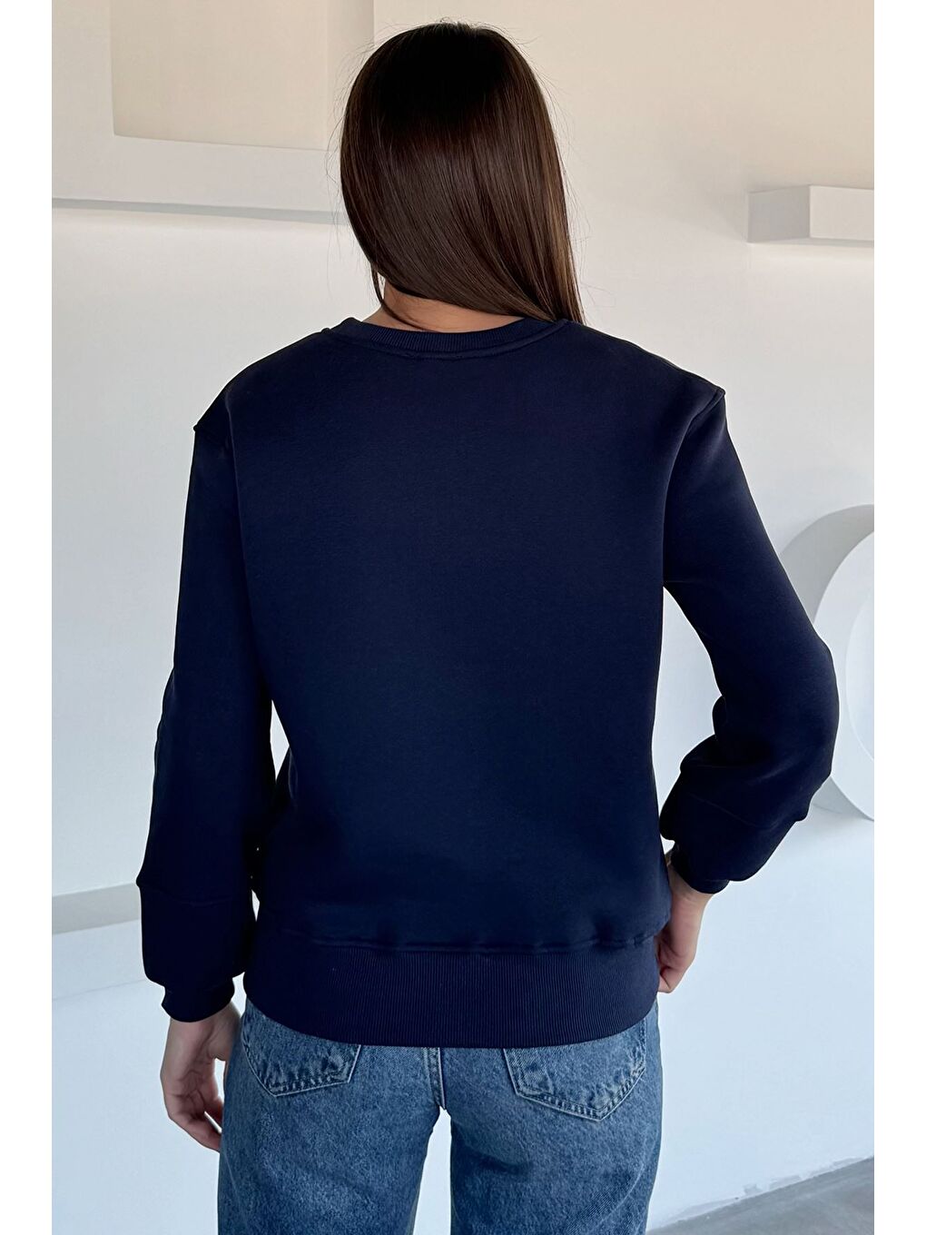 Lacivert Kadın Nakışlı Üç İplik Şardonlu Sweatshirt-3