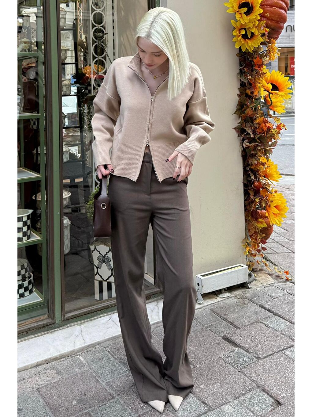 Bej Çift Fermuarlı Dik Yaka Kadın Triko Hırka Mg2505-2