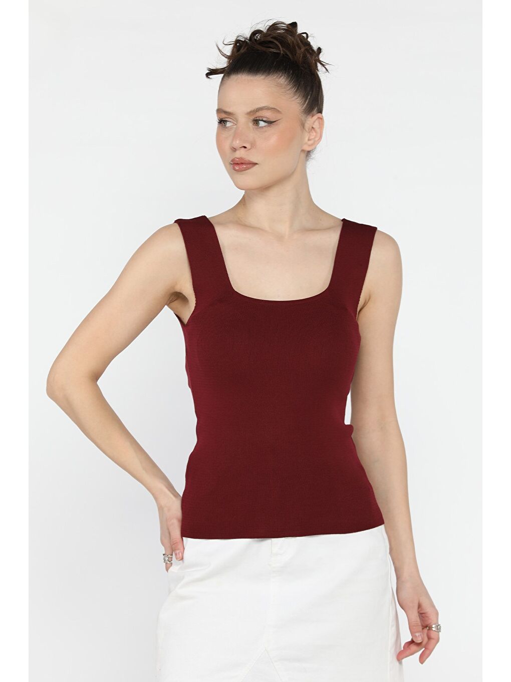 Bordo Kadın Kare Yaka Kalın Askılı Elastanlı Triko Bluz-1