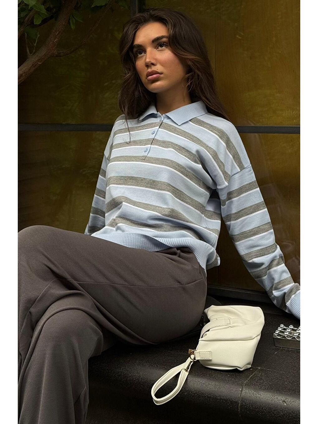 Mavi Çizgili Polo Yaka Düğmeli Kadın Kazak Mg2561-3