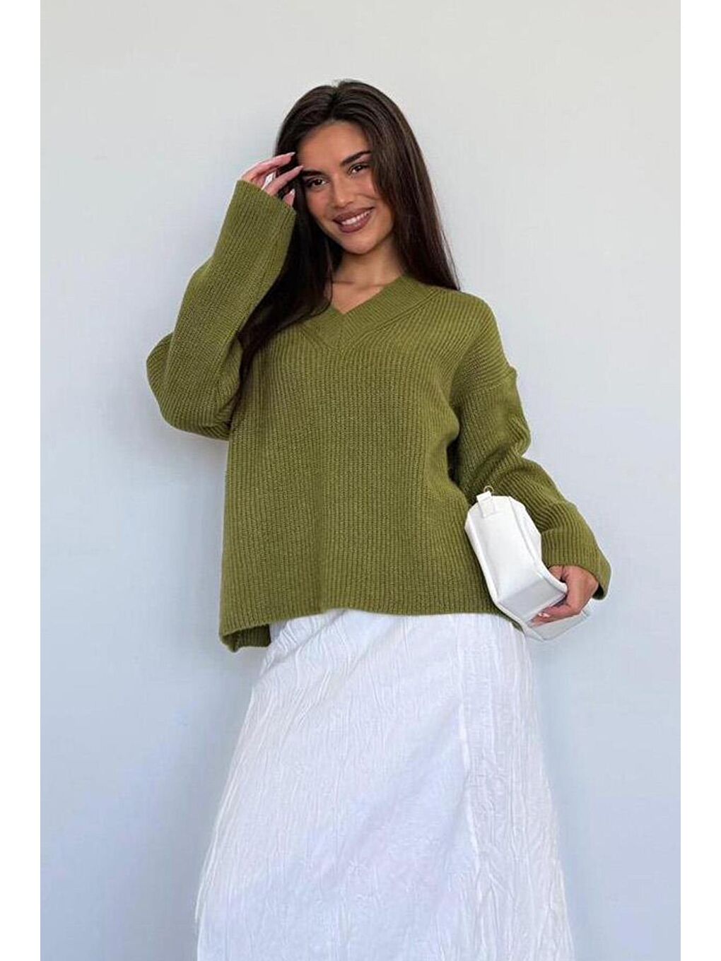 Yağ Yeşili V Yaka Triko Kadın Kazak Mg2501-4