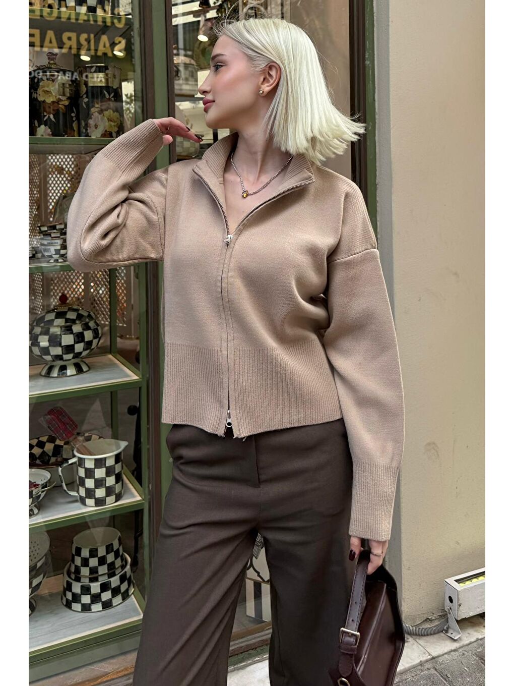 Bej Çift Fermuarlı Dik Yaka Kadın Triko Hırka Mg2505-3