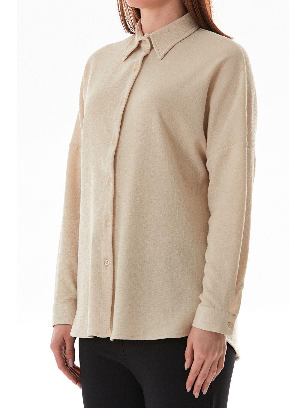 Bej Basic Jakarlı Oversize Gömlek-4