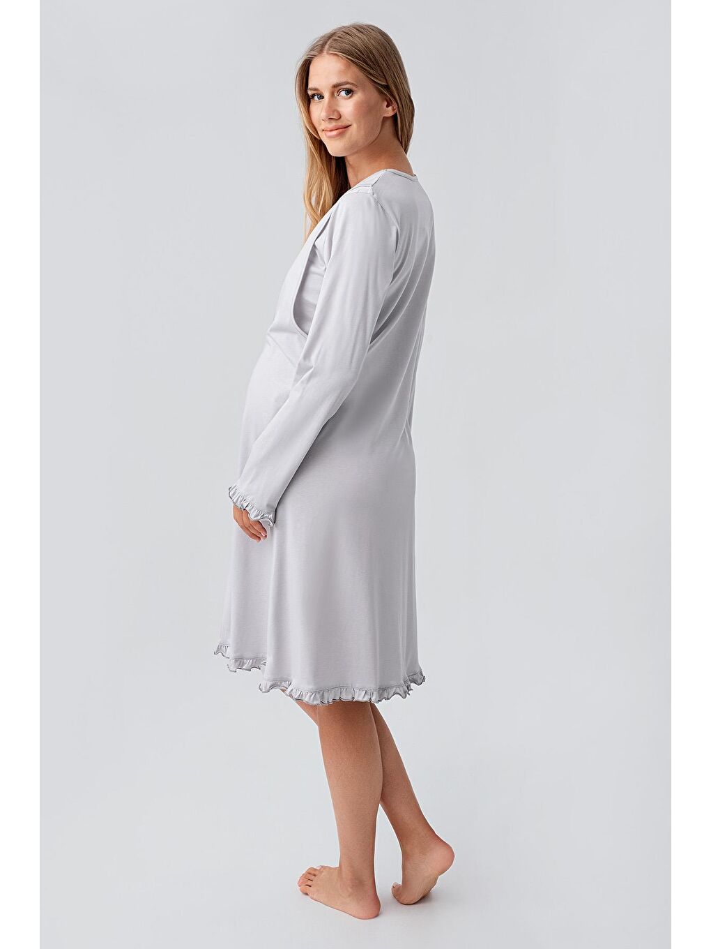 Gri Uzun Kollu Desenli Esnek Pamuklu Hamile Sabahlık Gecelik Takım 18400-3