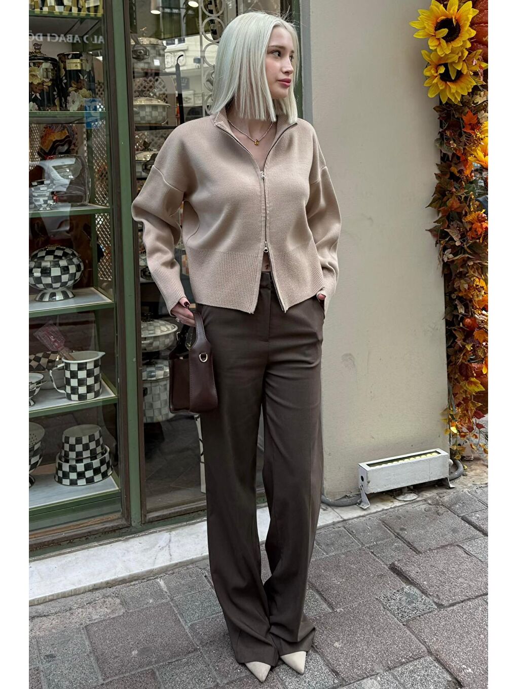 Bej Çift Fermuarlı Dik Yaka Kadın Triko Hırka Mg2505-4