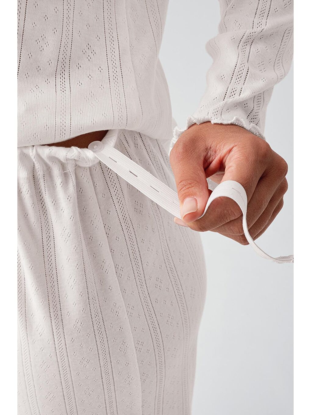 Ekru Uzun Kollu Ajurlu Düğmeli Esnek Pamuklu Hamile Pijama Takım 18214-3