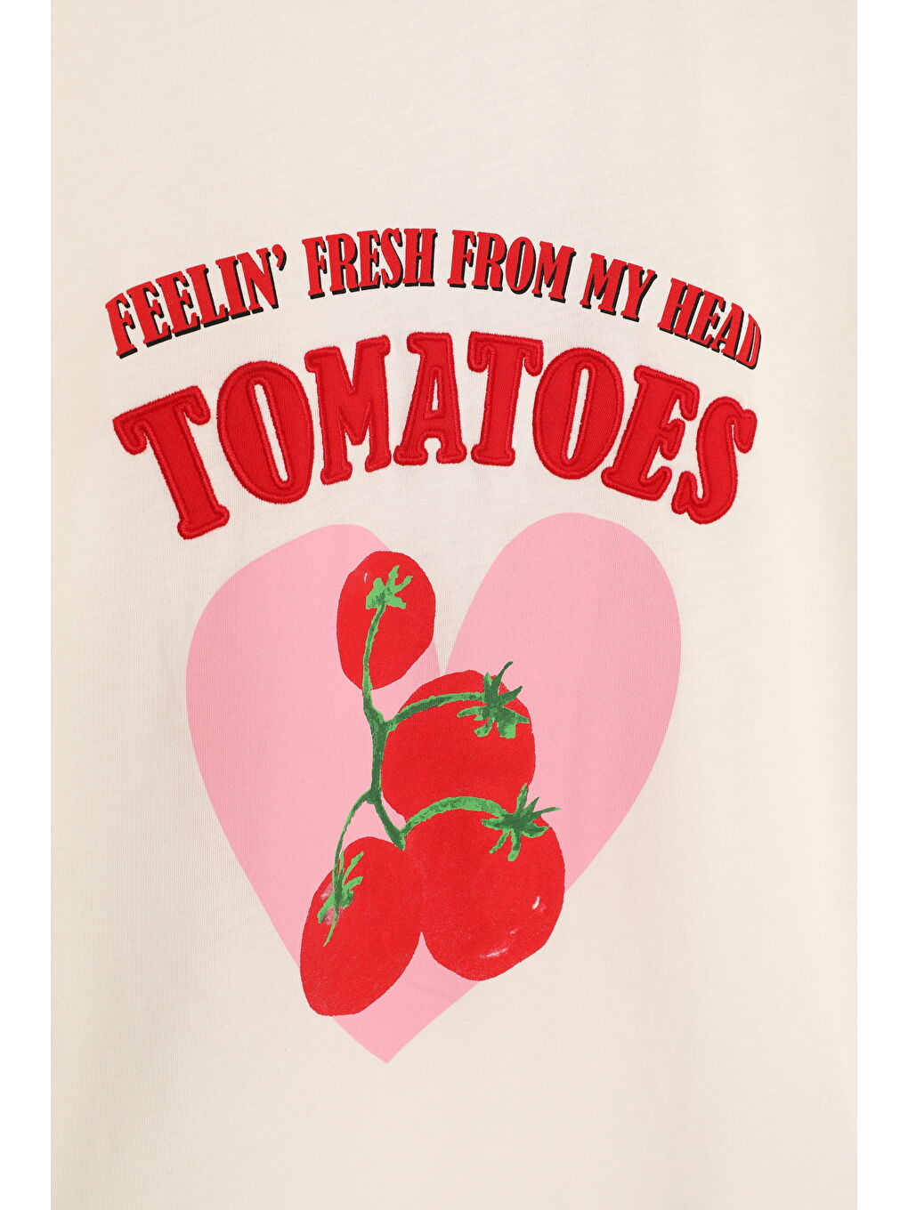 Domates Yazı Baskılı Kalpli Tişört Ekru-3
