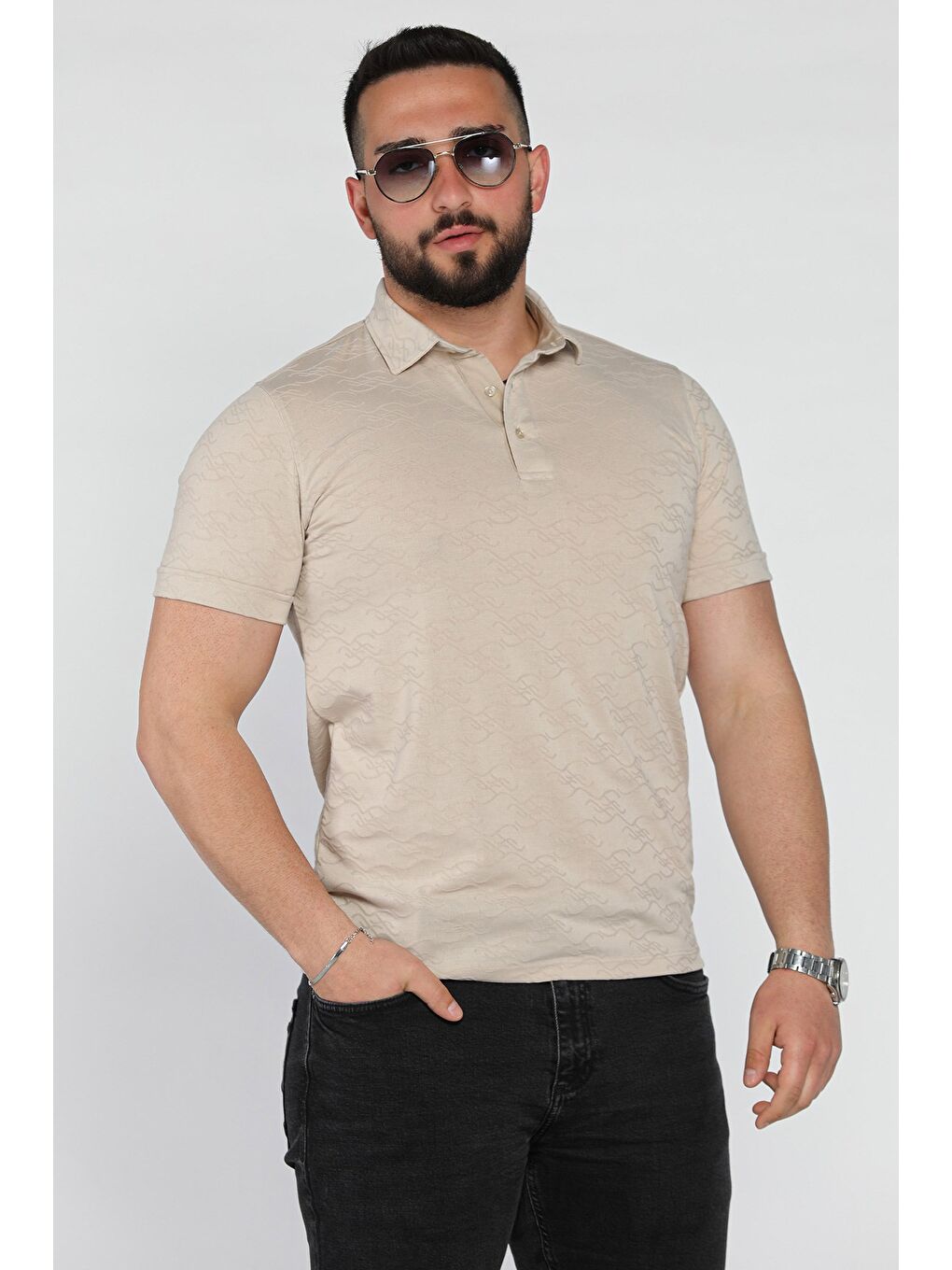 Bej Polo Yaka Yarım Düğmeli Erkek Tişört