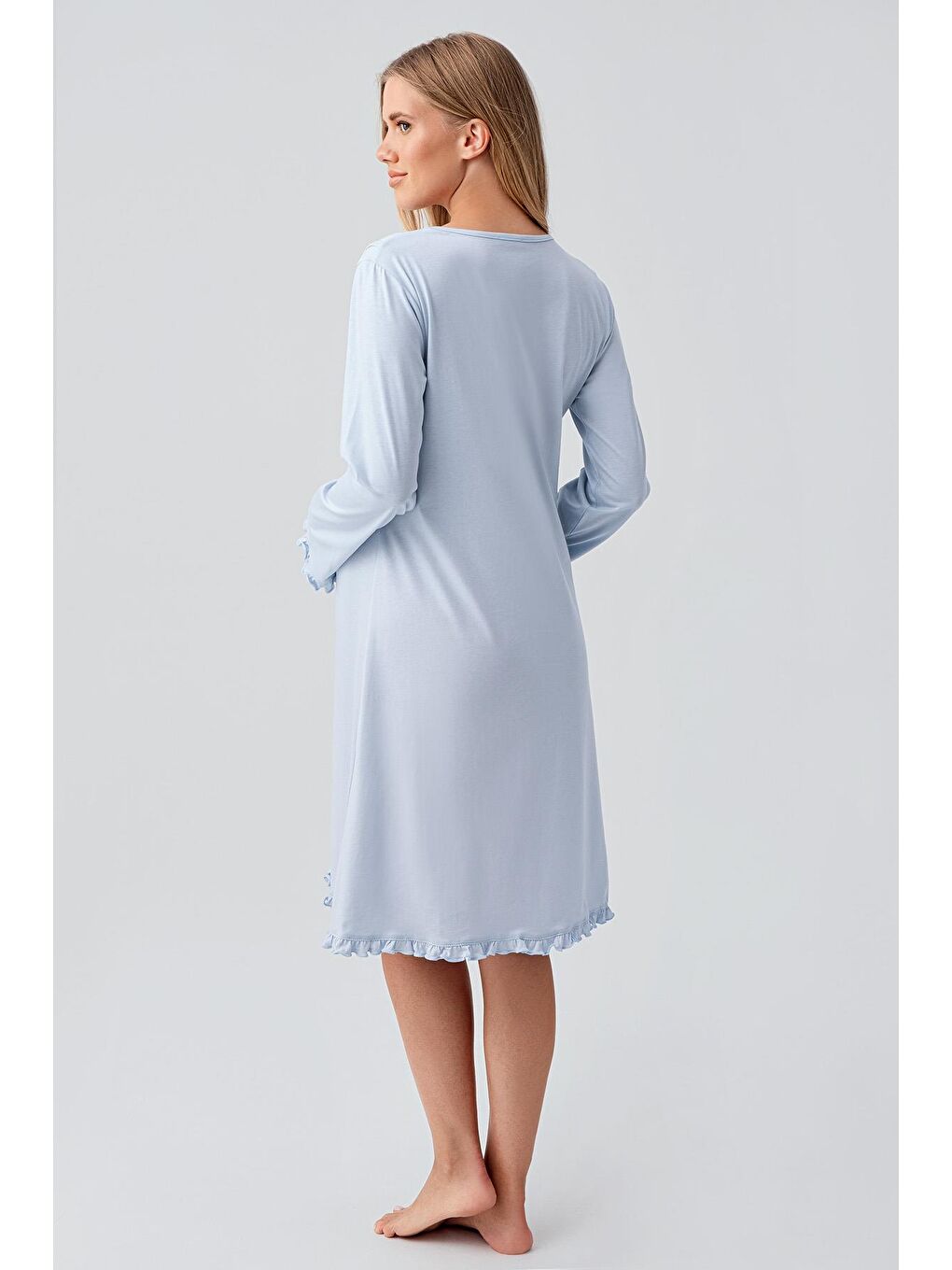 Mavi Uzun Kollu Desenli Esnek Pamuklu Hamile Sabahlık Gecelik Takım 18400-3