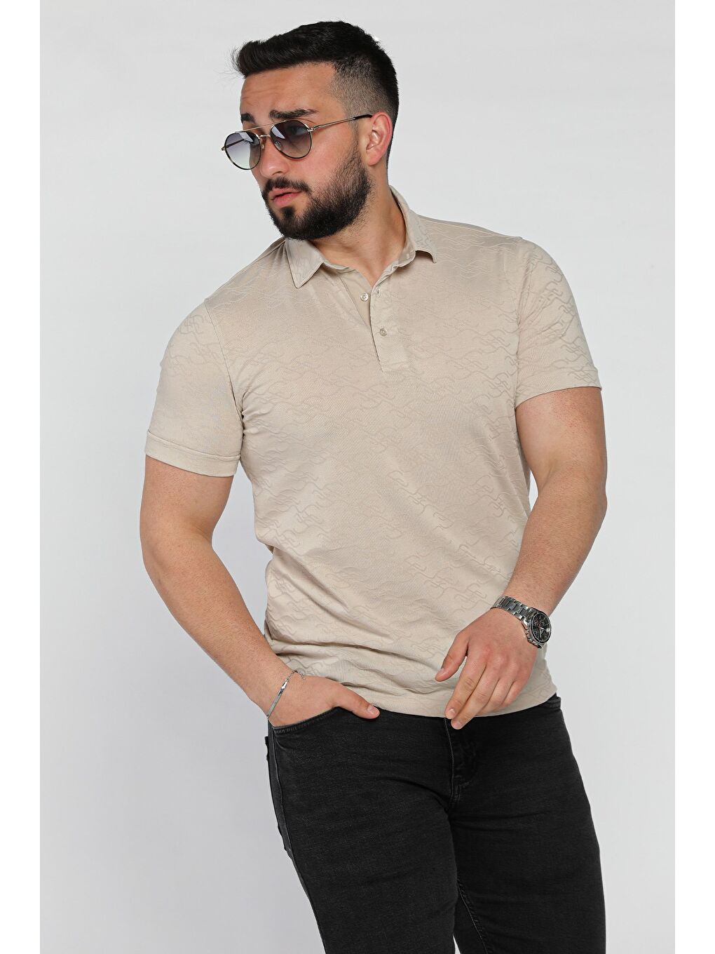 Bej Polo Yaka Yarım Düğmeli Erkek Tişört-1