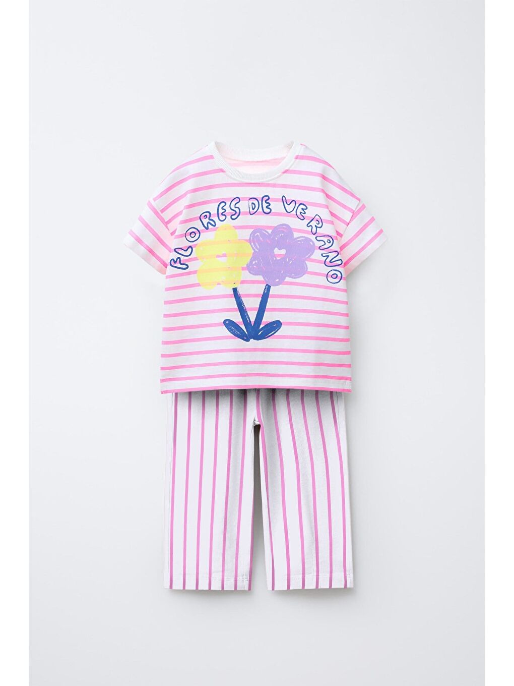 Kız Çocuk Pamuklu Pembe Çizgili Çiçek Baskılı Tişört Eşofman Takım