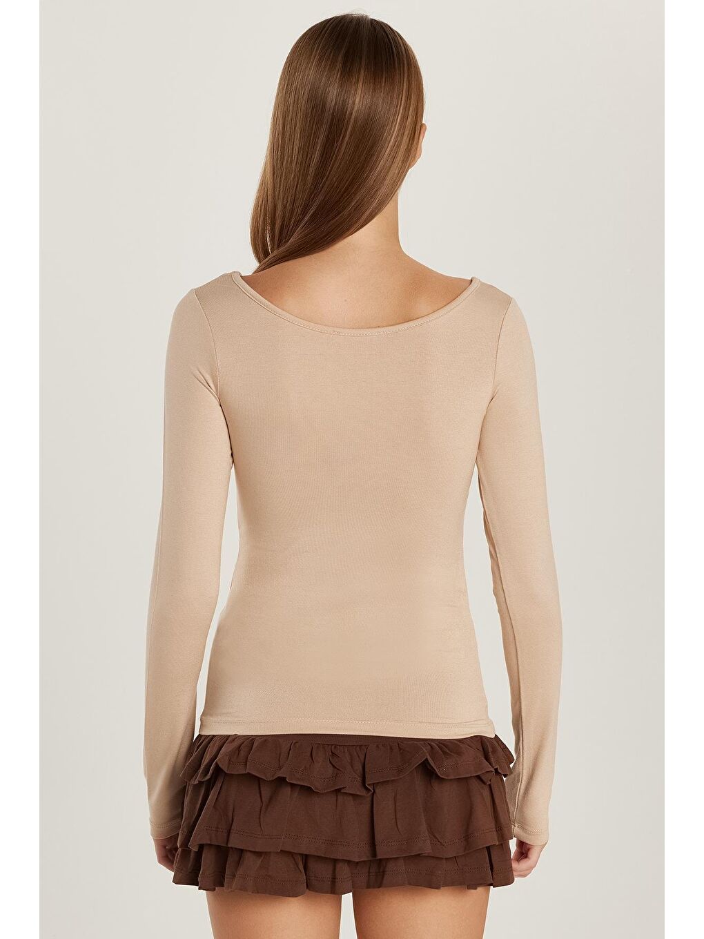 Kadın Slim Fit Dar Kesim Uzun Kollu Viskon Bej Bluz-4