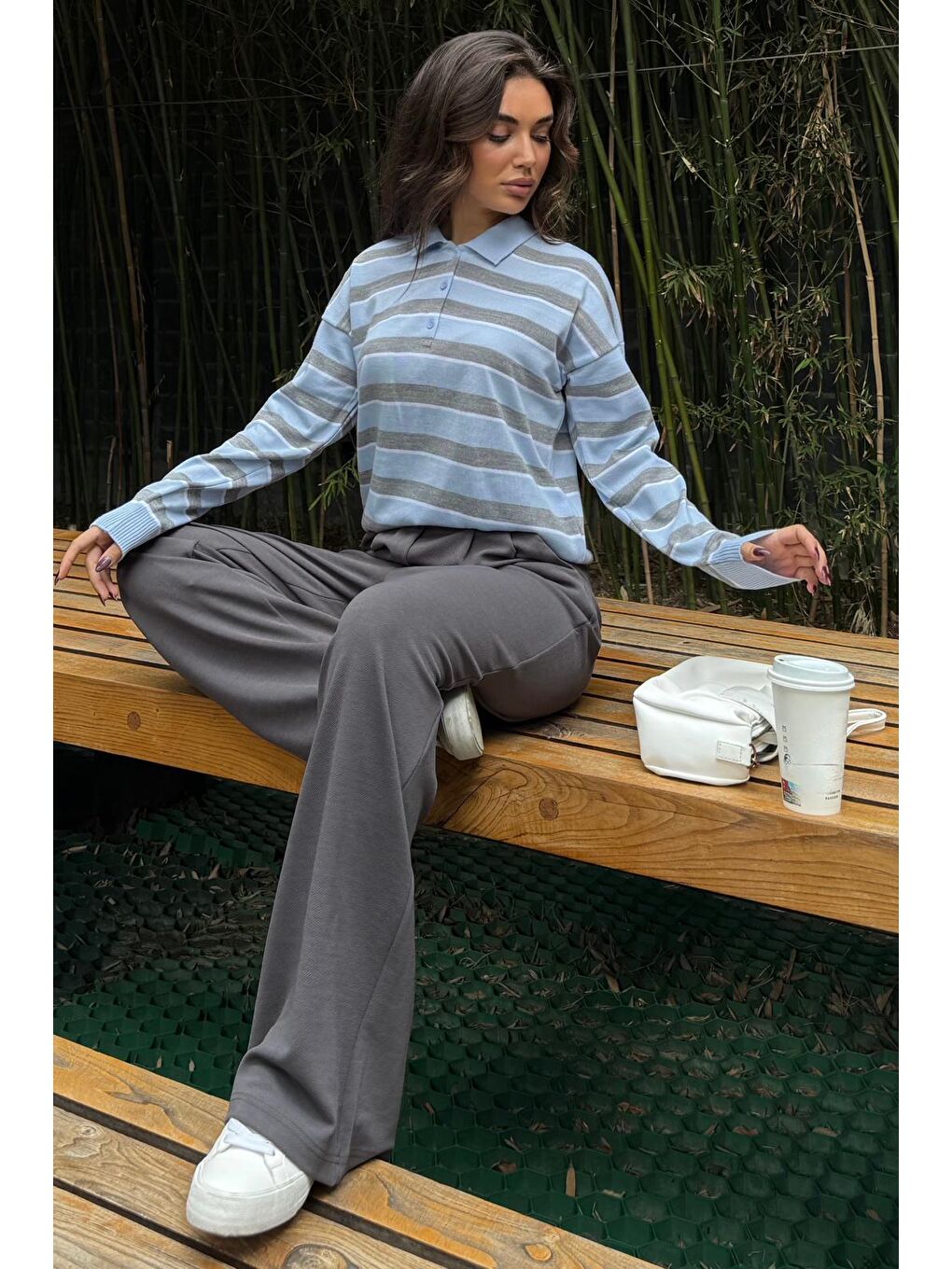 Mavi Çizgili Polo Yaka Düğmeli Kadın Kazak Mg2561-4