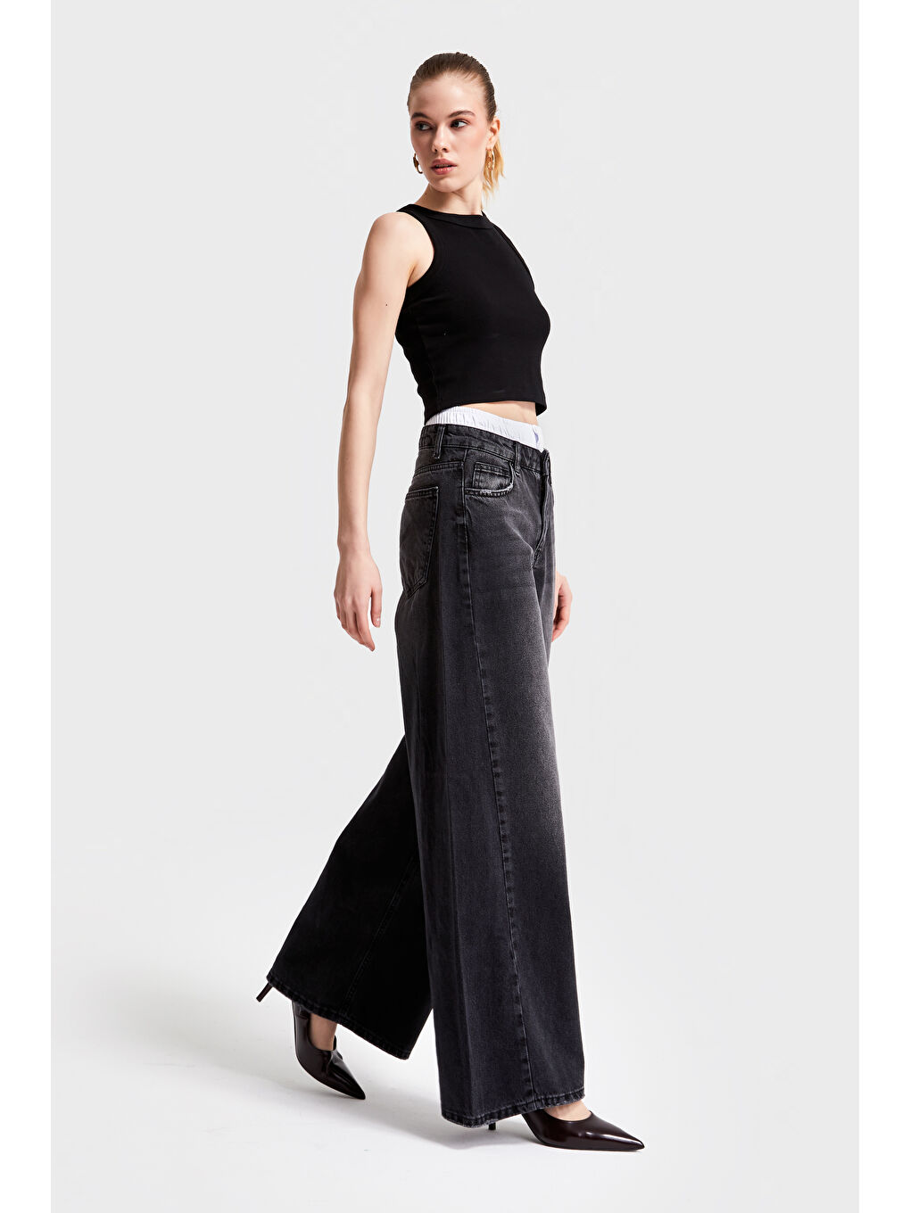 Gri Kadın Koyu Füme Renk 2W4 1 Boxer Detaylı Palazzo Fit  100 Pamuk Denim-1