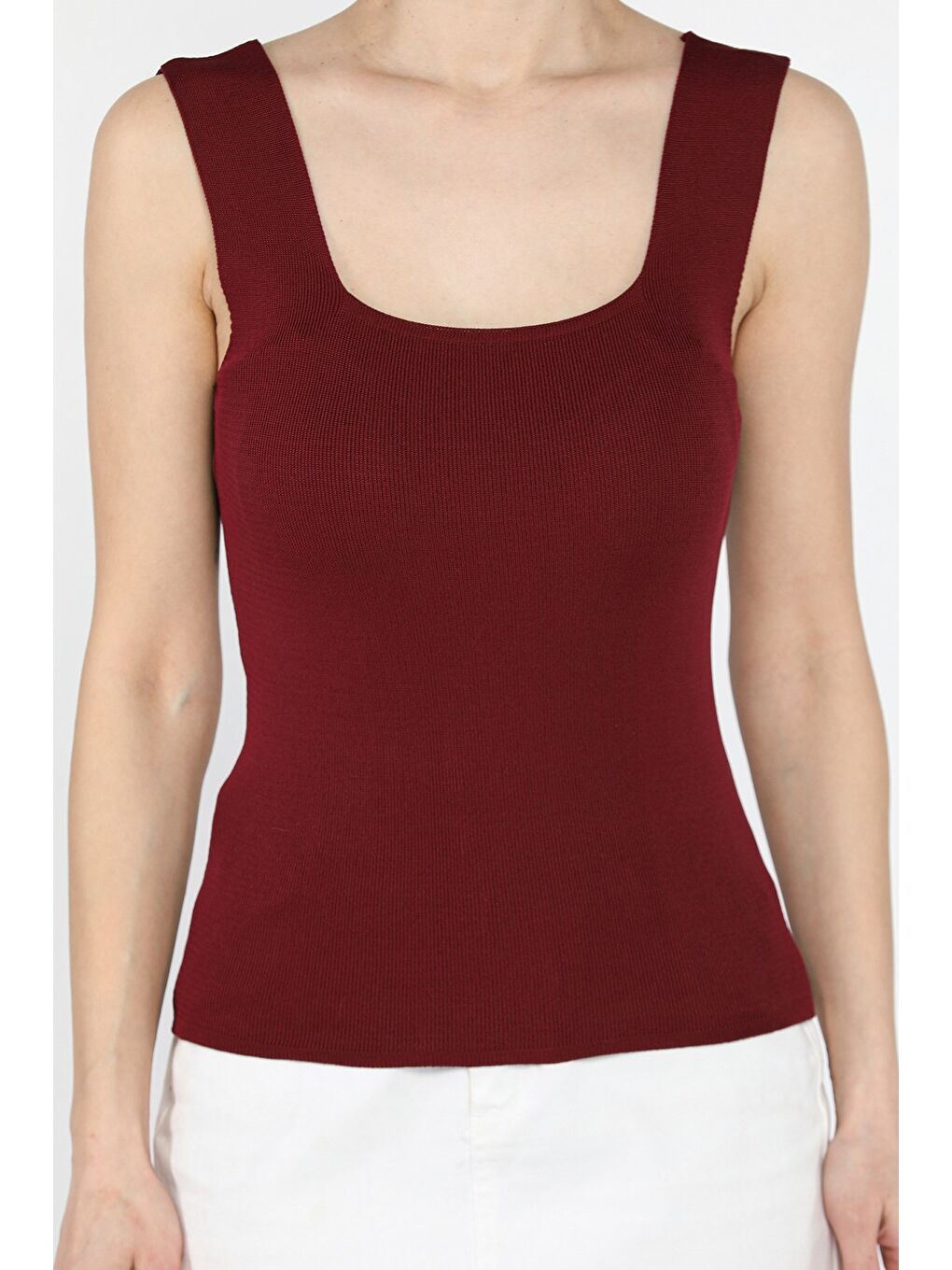 Bordo Kadın Kare Yaka Kalın Askılı Elastanlı Triko Bluz-2