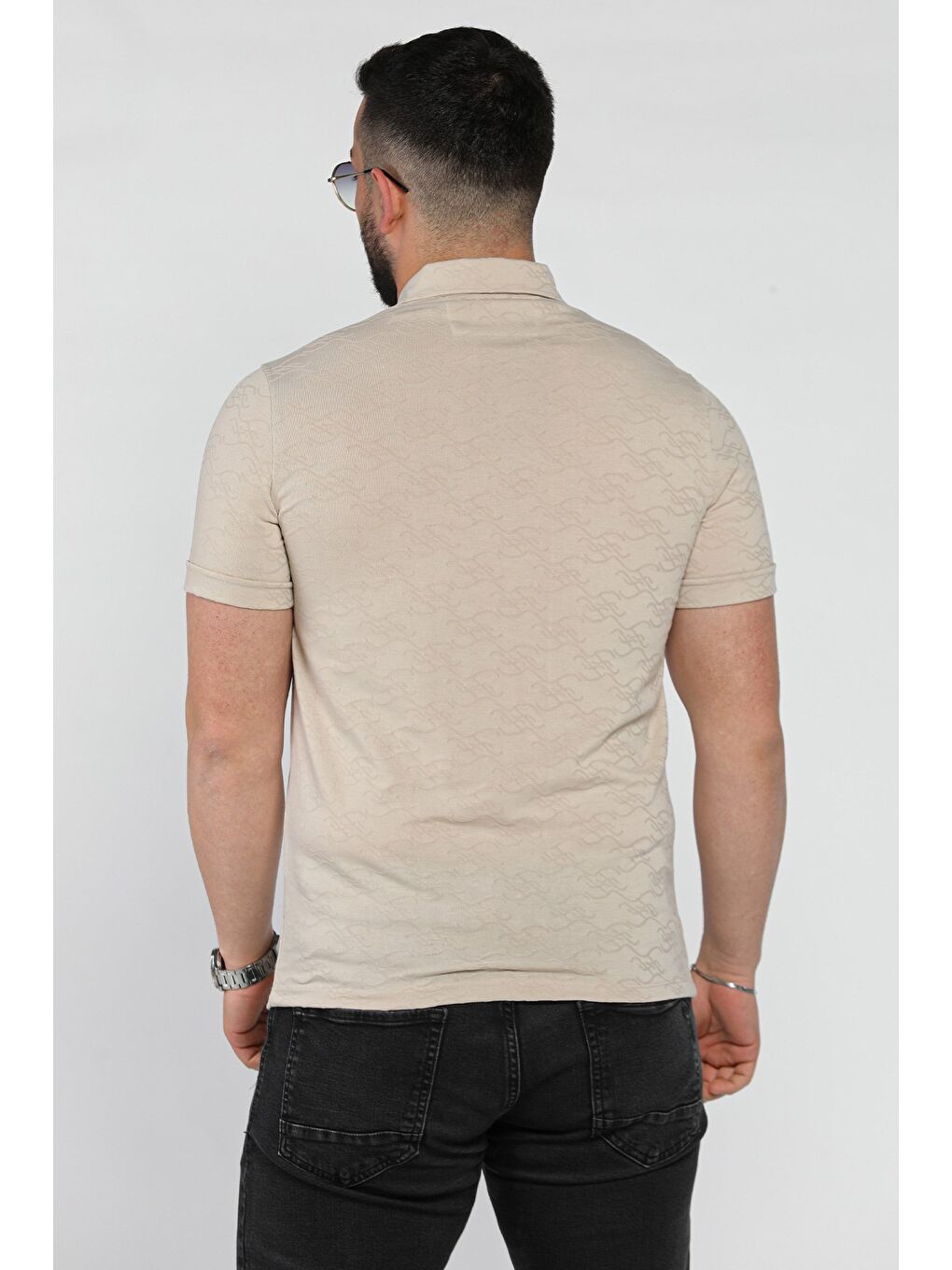 Bej Polo Yaka Yarım Düğmeli Erkek Tişört-2