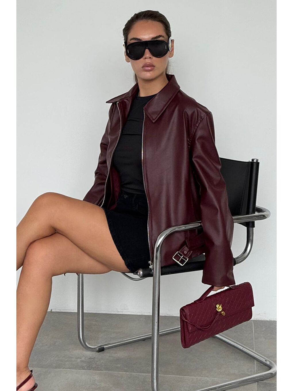 Bordo Kemerli Suni Deri Kadın Ceket Mg2548-7