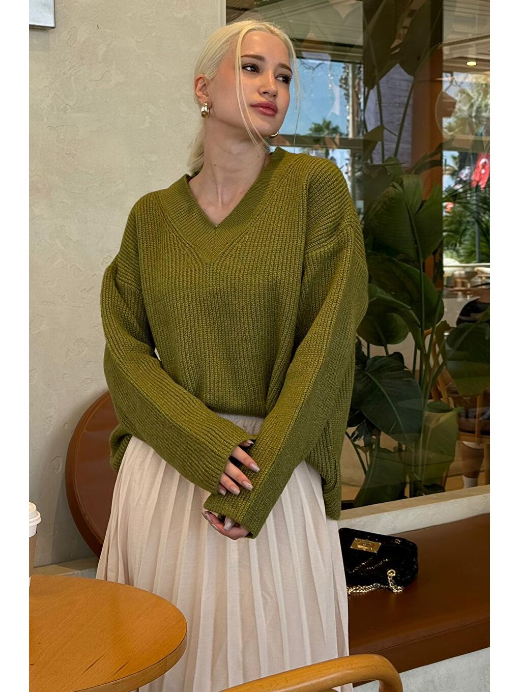 Yağ Yeşili V Yaka Triko Kadın Kazak Mg2501-5
