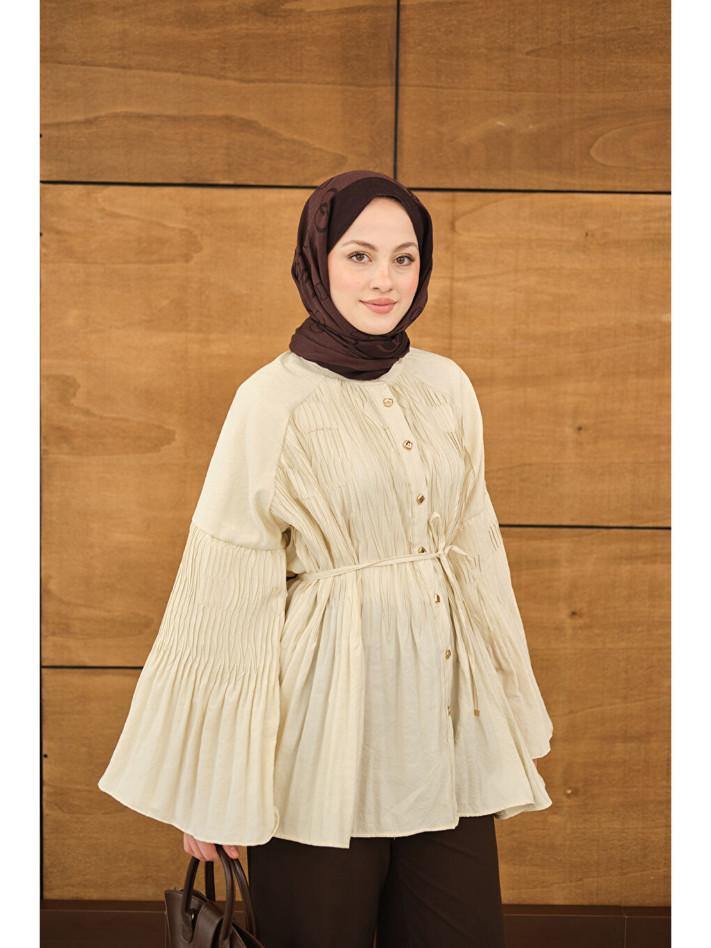 Ekru Kadın Martha Düğmeli Belden Bağlamalı Gömlek Krem-1