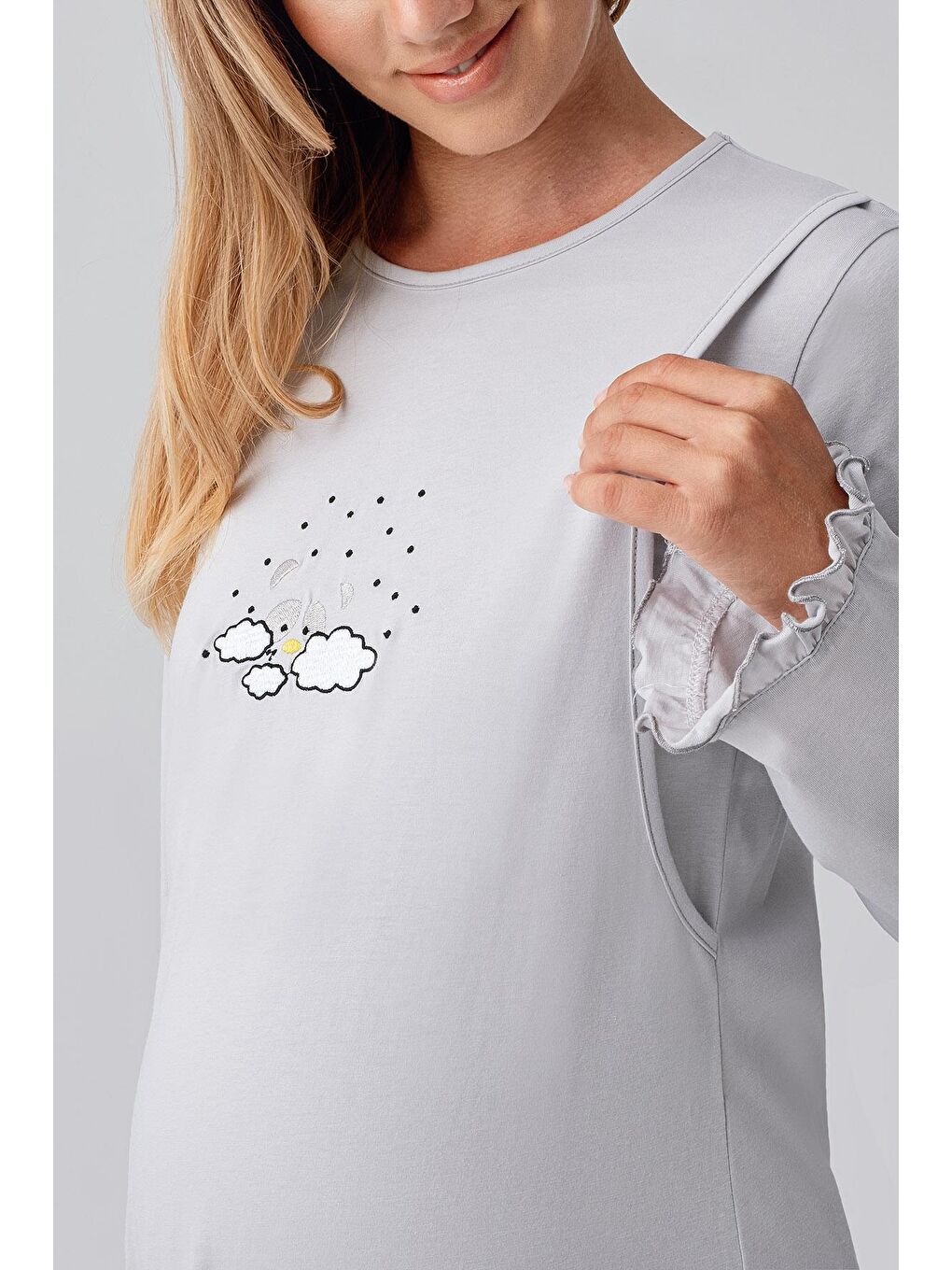 Gri Uzun Kollu Desenli Esnek Pamuklu Hamile Sabahlık Gecelik Takım 18400-4