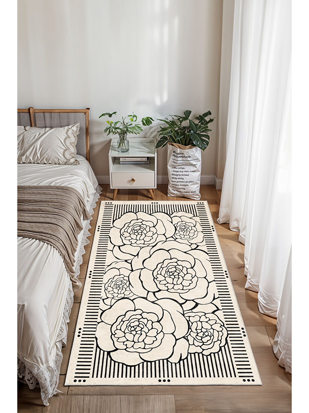 Ekru Dekoratif Salon Halısı, Makinada Yıkanabilir, Kaymaz Taban, İnce & Modern Tasarım-2