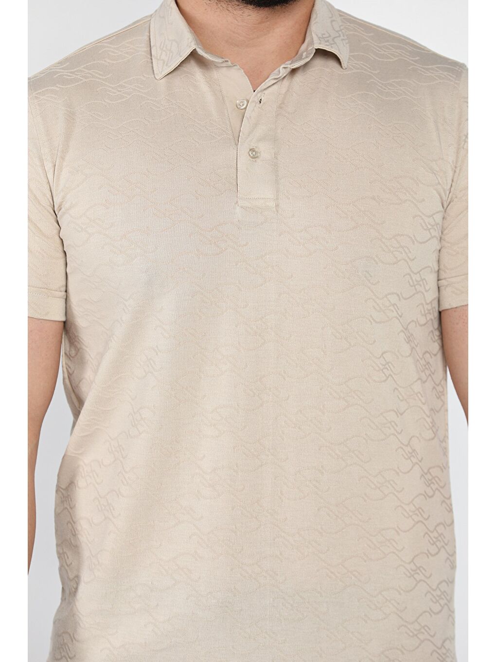 Bej Polo Yaka Yarım Düğmeli Erkek Tişört-3