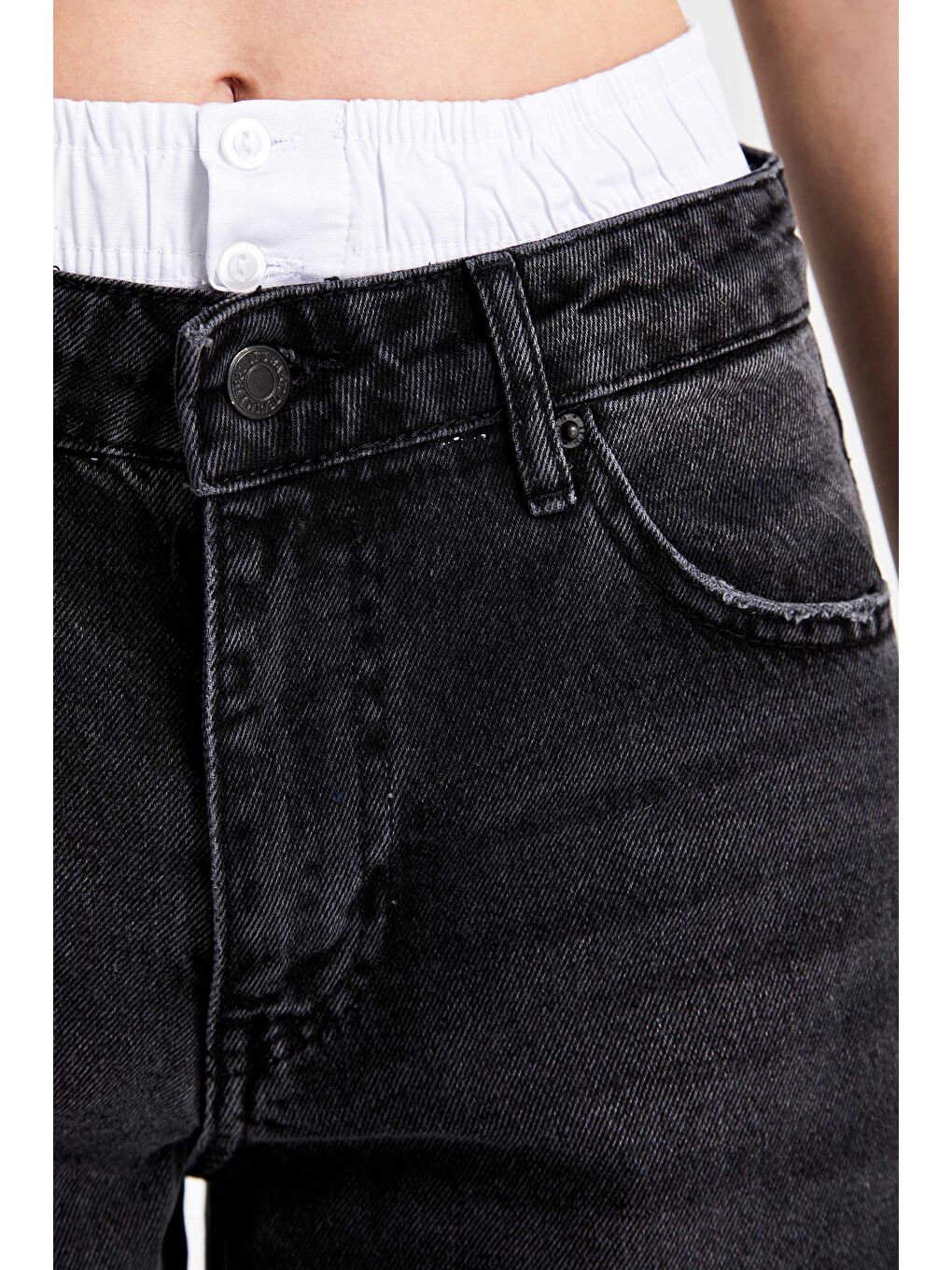 Gri Kadın Koyu Füme Renk 2W4 1 Boxer Detaylı Palazzo Fit  100 Pamuk Denim-2