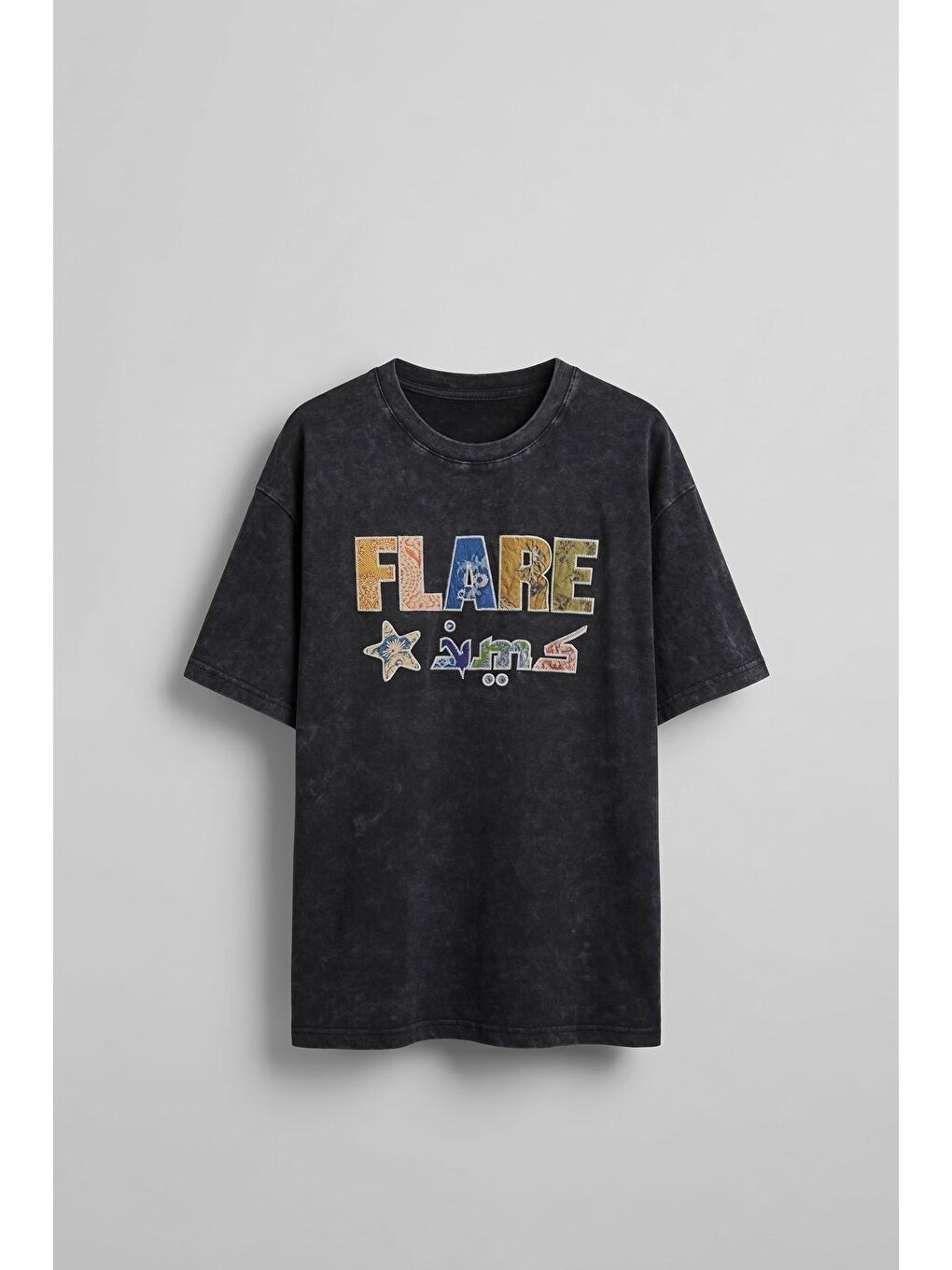 Erkek Oversize Patchwork Nakışlı T-Shirt Siyah