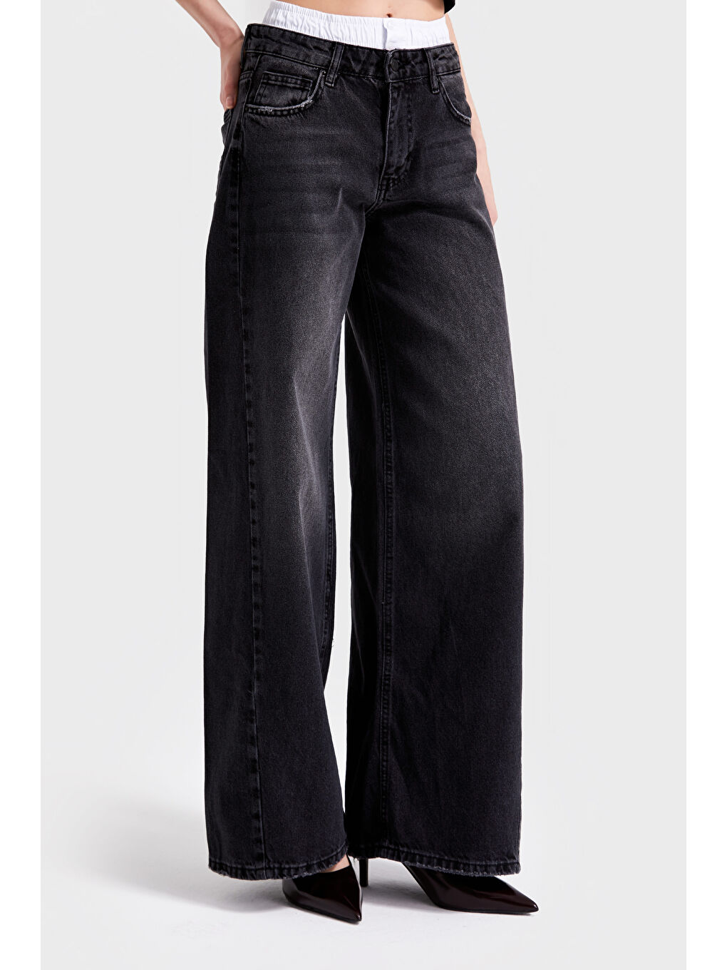 Gri Kadın Koyu Füme Renk 2W4 1 Boxer Detaylı Palazzo Fit  100 Pamuk Denim-3