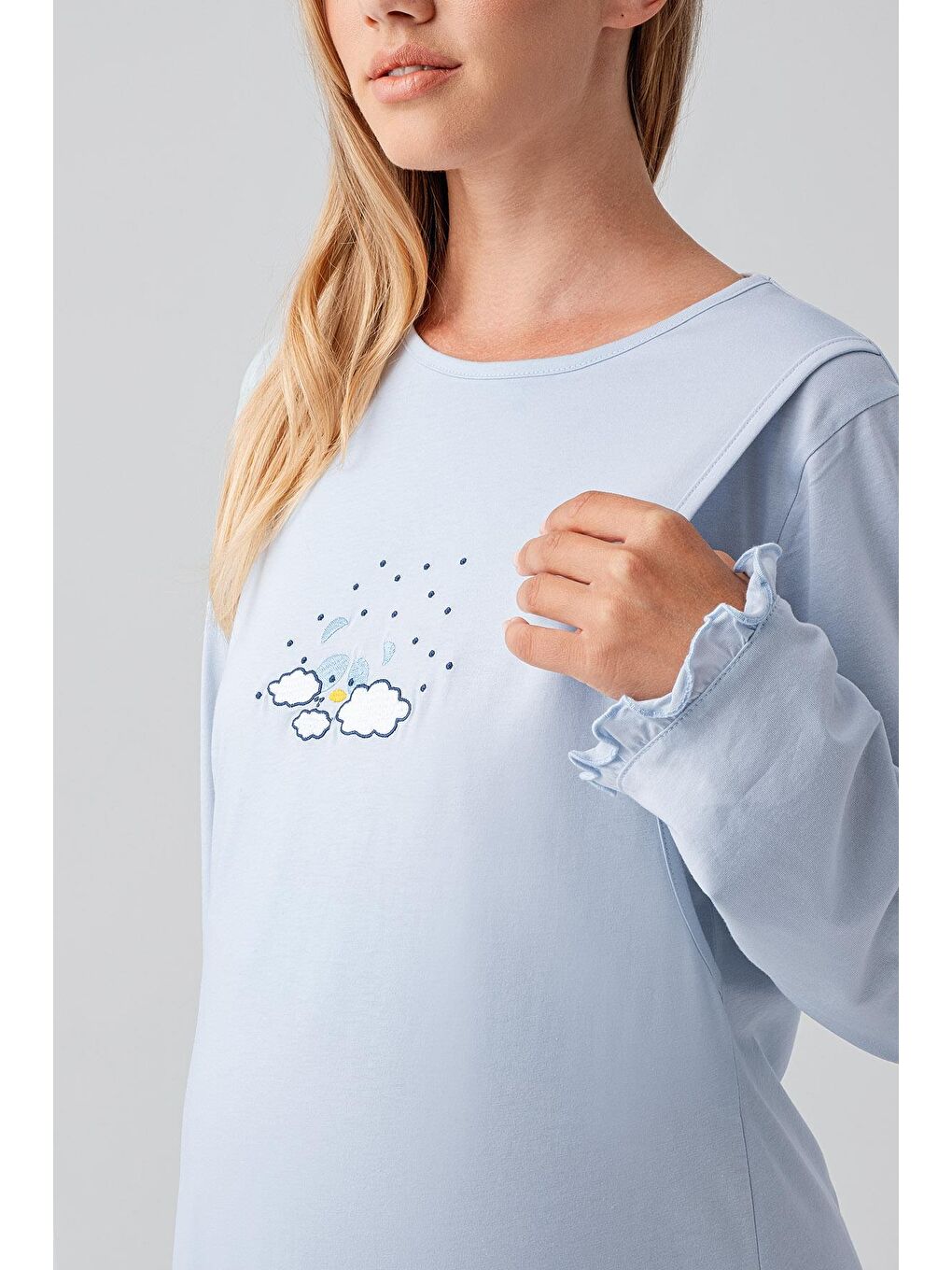 Mavi Uzun Kollu Desenli Esnek Pamuklu Hamile Sabahlık Gecelik Takım 18400-4