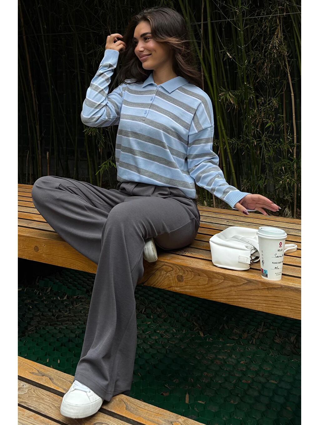 Mavi Çizgili Polo Yaka Düğmeli Kadın Kazak Mg2561-5