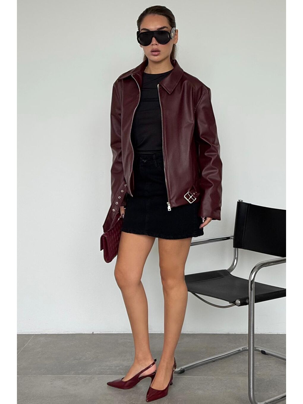 Bordo Kemerli Suni Deri Kadın Ceket Mg2548-8