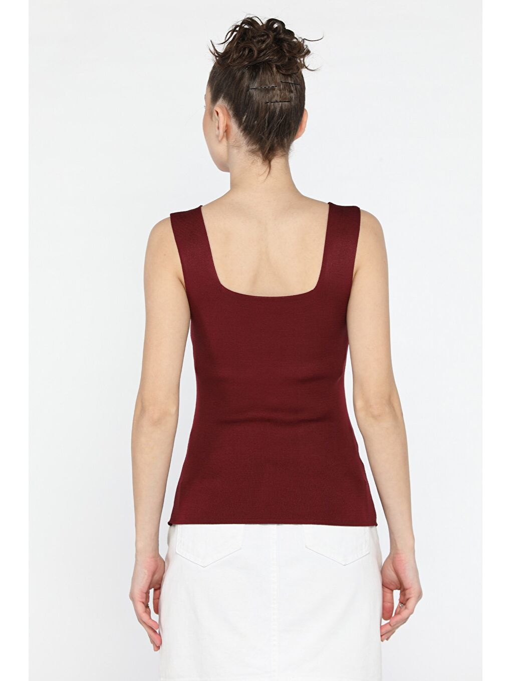 Bordo Kadın Kare Yaka Kalın Askılı Elastanlı Triko Bluz-3