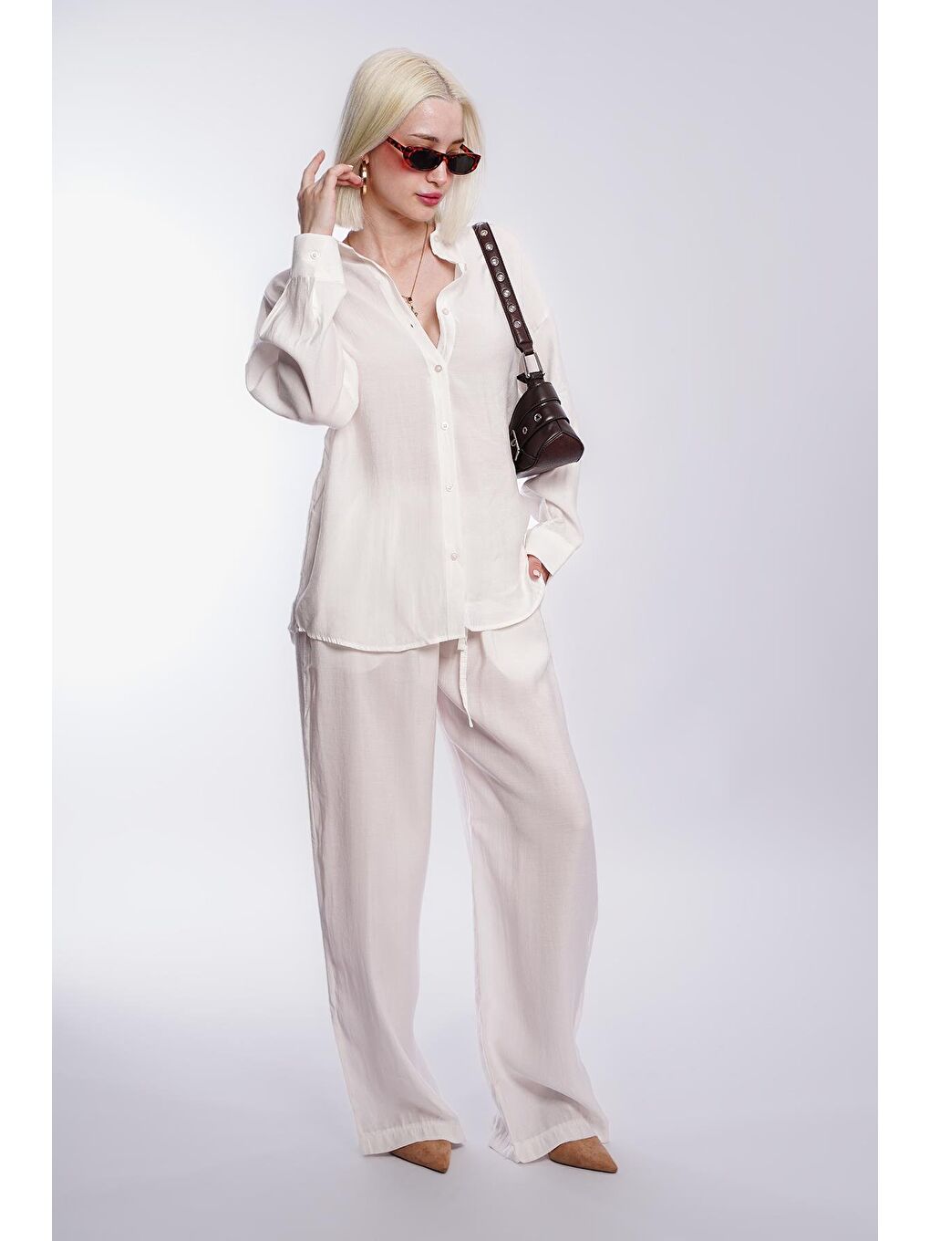 Beyaz Basic Kadın Gömlek Pantolon İkili Takım Mg2352-1