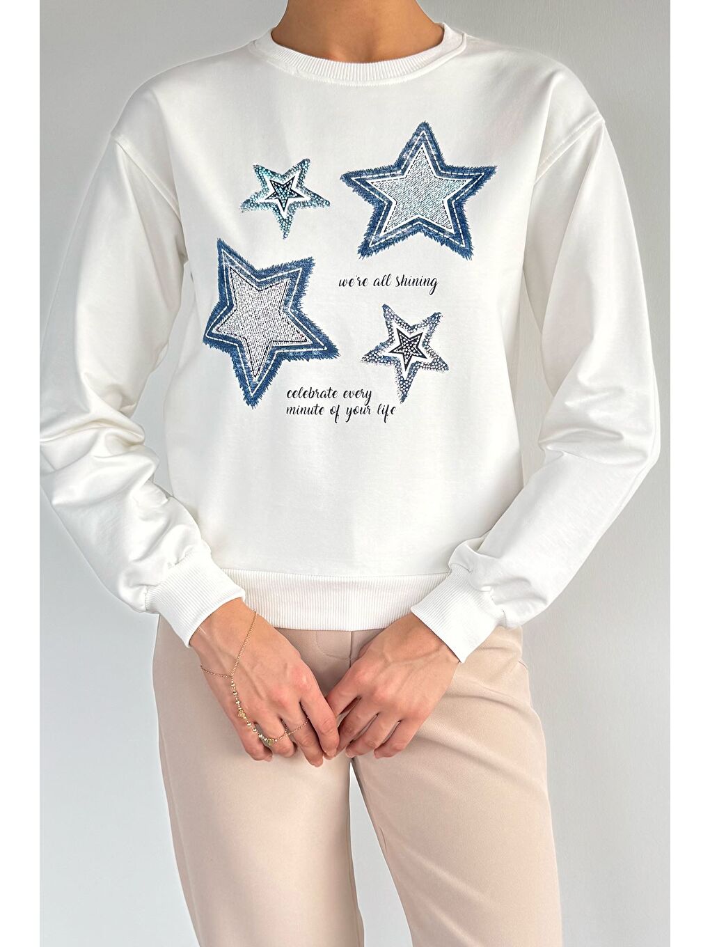 Ekru Kadın Bisiklet Yaka Baskılı Taş İşlemeli Sweatshirt-2