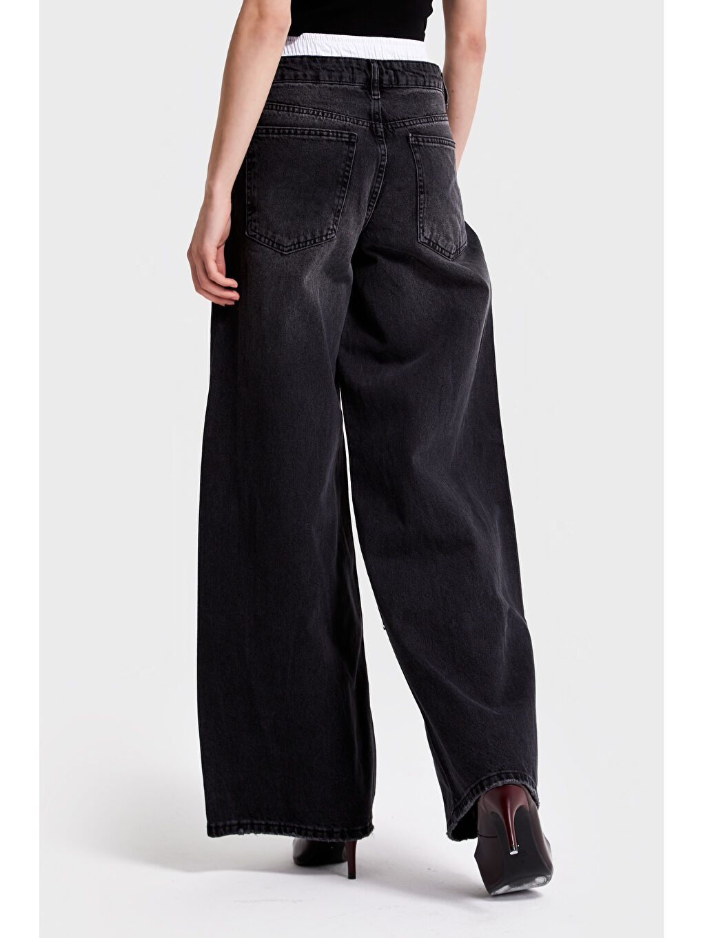 Gri Kadın Koyu Füme Renk 2W4 1 Boxer Detaylı Palazzo Fit  100 Pamuk Denim-4