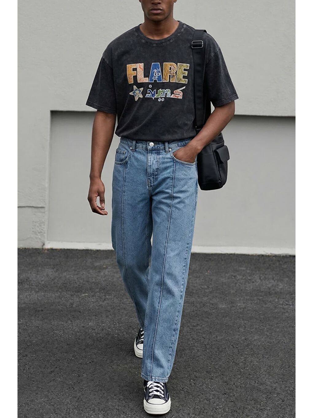 Erkek Oversize Patchwork Nakışlı T-Shirt Siyah-2