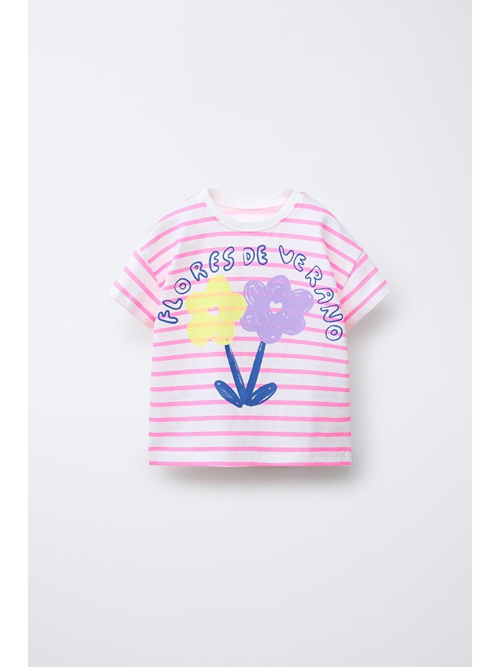 Kız Çocuk Pamuklu Pembe Çizgili Çiçek Baskılı Tişört Eşofman Takım-1