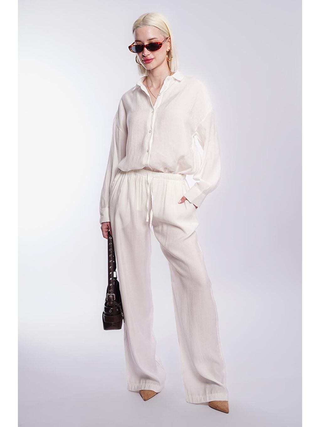 Beyaz Basic Kadın Gömlek Pantolon İkili Takım Mg2352-4