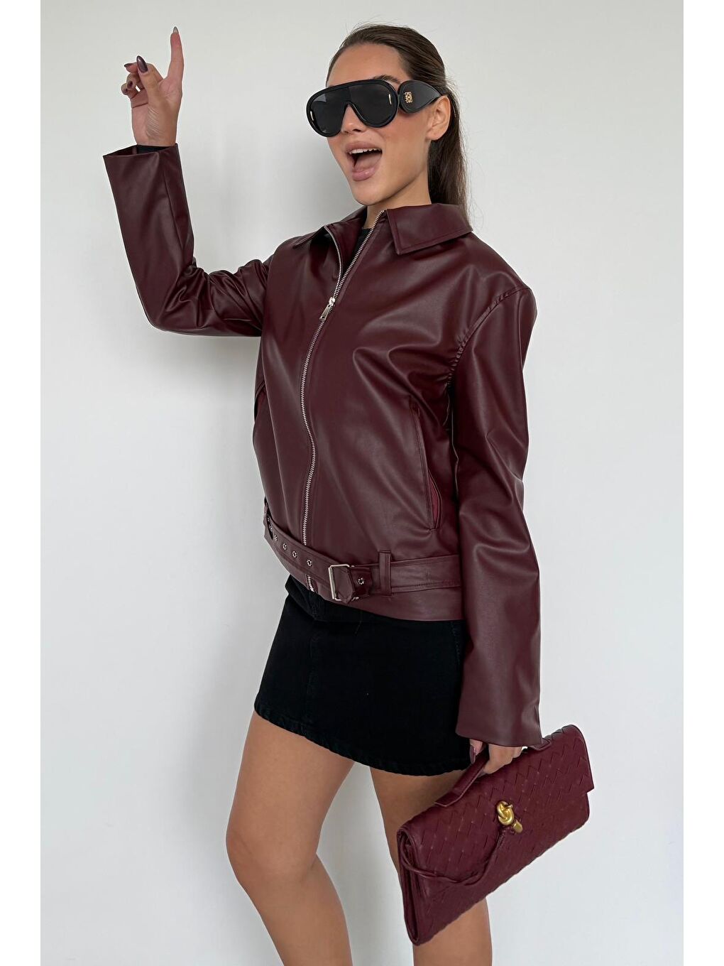 Bordo Kemerli Suni Deri Kadın Ceket Mg2548-9