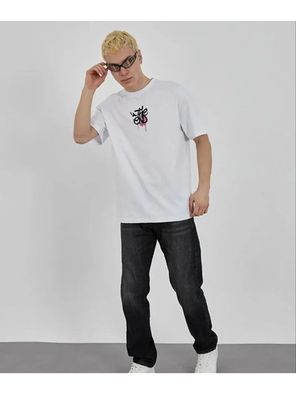 Unisex Bisiklet Yaka Baskılı Oversize T-Shirt - Beyaz